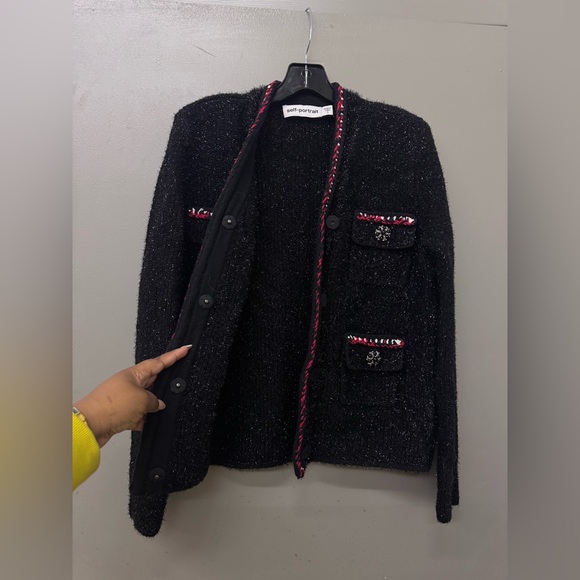 SELF-PORTRAIT Contrast-Trim Cotton-Blend Knitted Cardigan size small - Picture 8 of 12